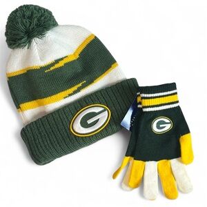 New NFL Green Bay Packers Pom Beanie and Gloves Yellow White Men’s Women’s